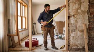 professional handyman in work clothes measuring a door opening with a tape measure, mid-renovation apartment